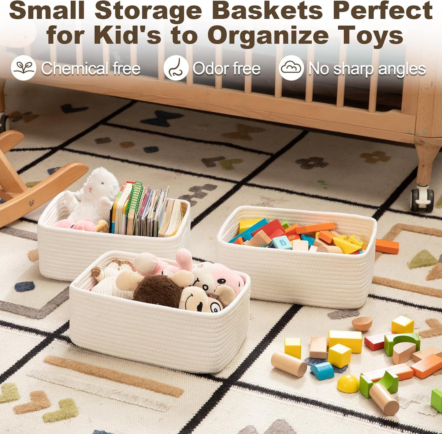 3 Pack Small Storage Baskets for Organizing, Cute Woven Decorative Gift Baskets for Shelves, Mini Closet Organizer Bins with Handles, 11.81''Lx7.87''Wx4.72''H-White