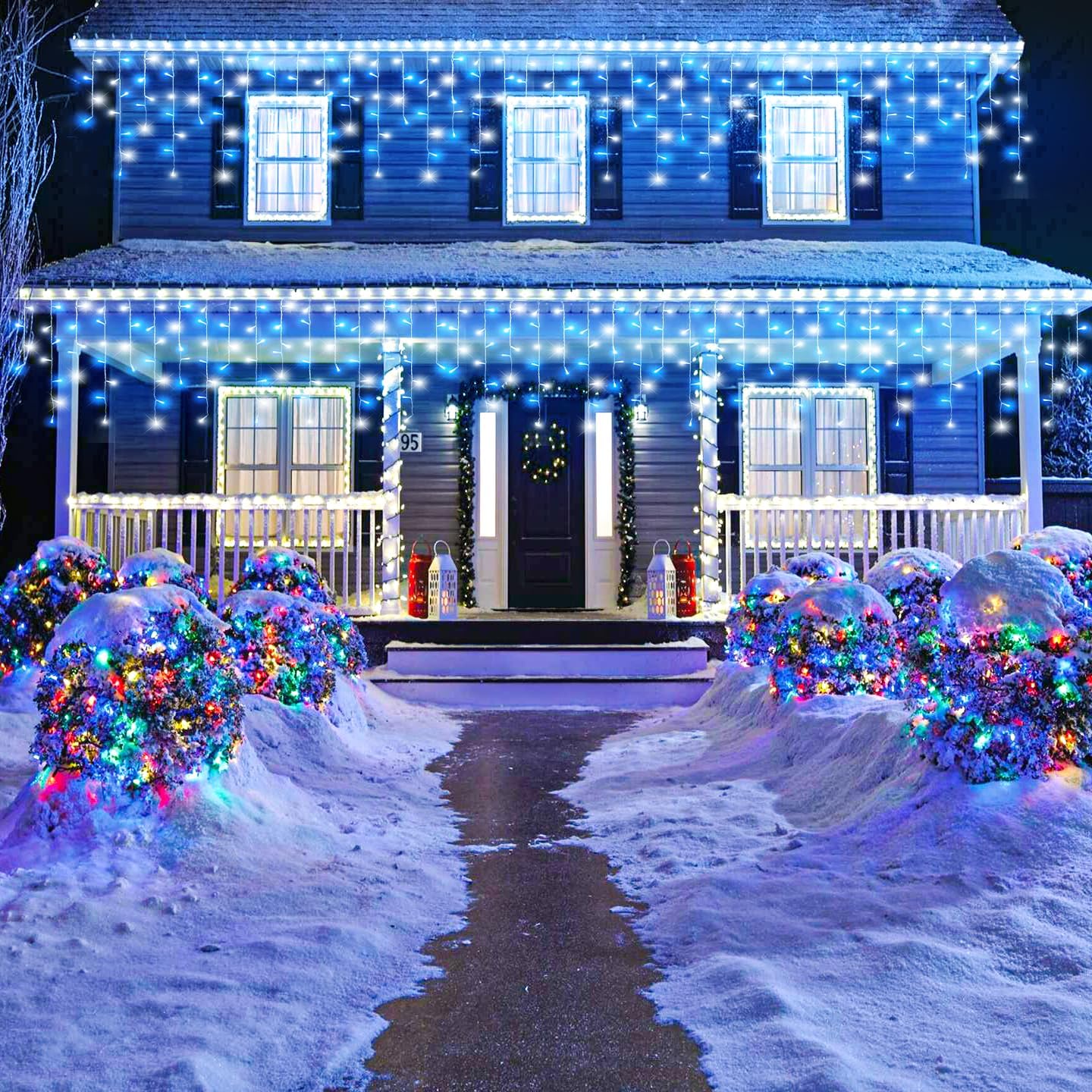 66ft Blue and White Christmas Lights, 640 LED Icicle Lights for Outside House Clear Wire Connectable Twinkle Lights with 8 Modes Timer Waterproof for Window Party Tree Holiday Patio Yard Home Decor