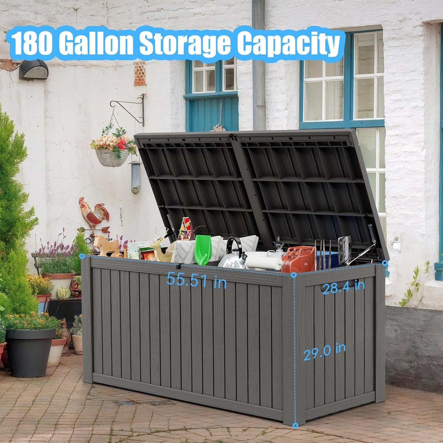 Vixzen 180 Gallon Resin Deck Box, Lockable Outdoor Storage Box for Patio Cushions Storage Furniture,Garden Tools, Pool Supplies, Weatherproof and UV Resistant- Grey