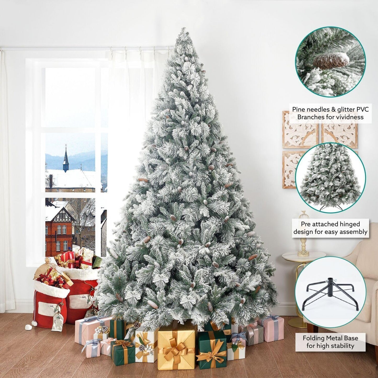 Naomi Home 6.5ft Christmas Tree with Lights, Realistic Prelit with Hinged Design with Foot Pedal, 2041 Branch Tips, 400 Warm Lights and Metal Stand, Aritificial Tree