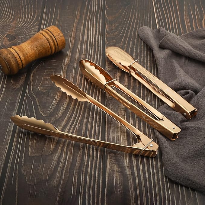 MSY BIGSUNNY 9 Inch Kitchen Food Tongs for Cooking and Serving- Aluminum - Set of 3 (gold-plated)