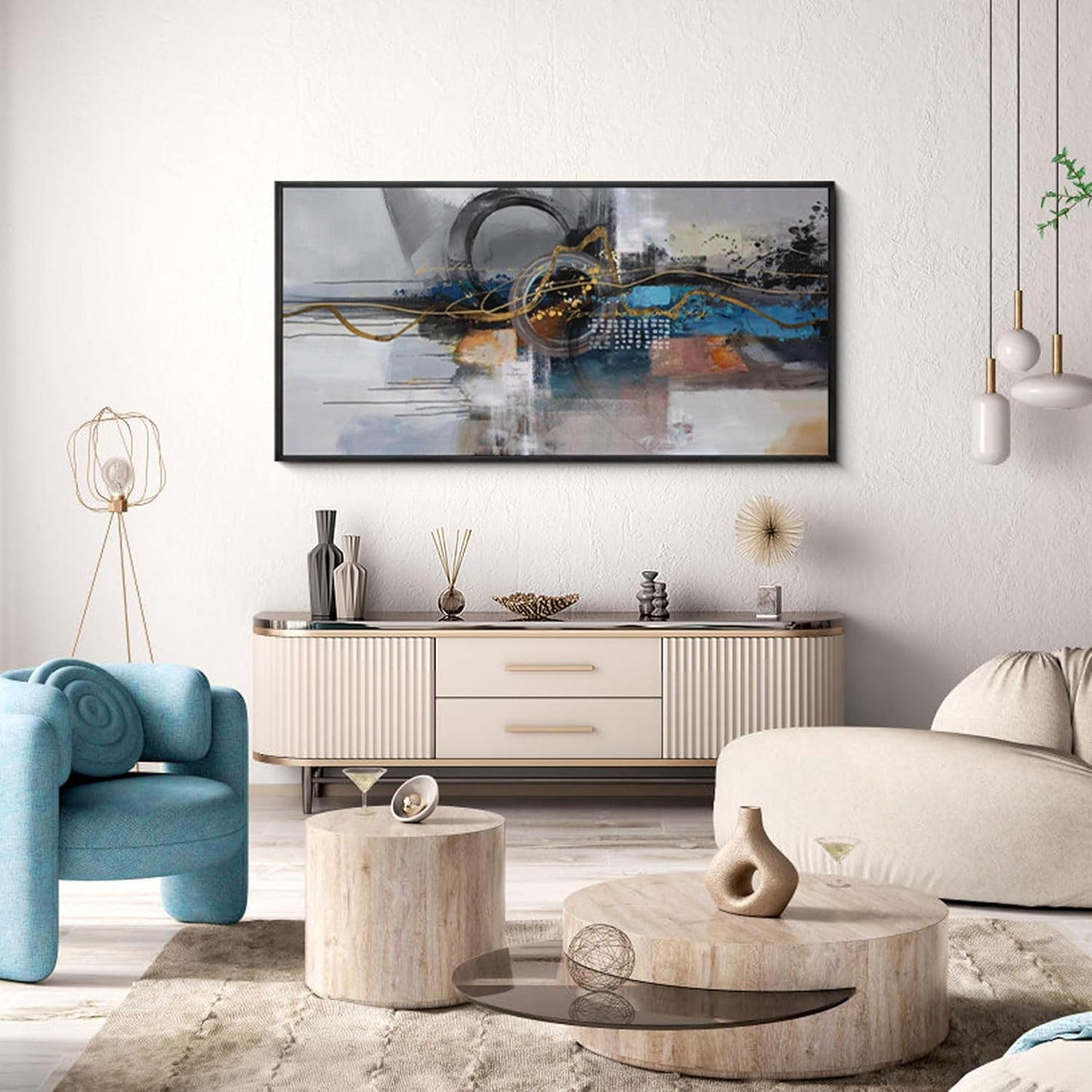 XLSJERST Large Abstract Frame Wall Art - Black and Blue Cnavas Framed Artwork for Walls Modern Minimalist Boho Gray Pictures Wall Decor for Living Room Bedroom Office Home Decoration 20x40 Inches