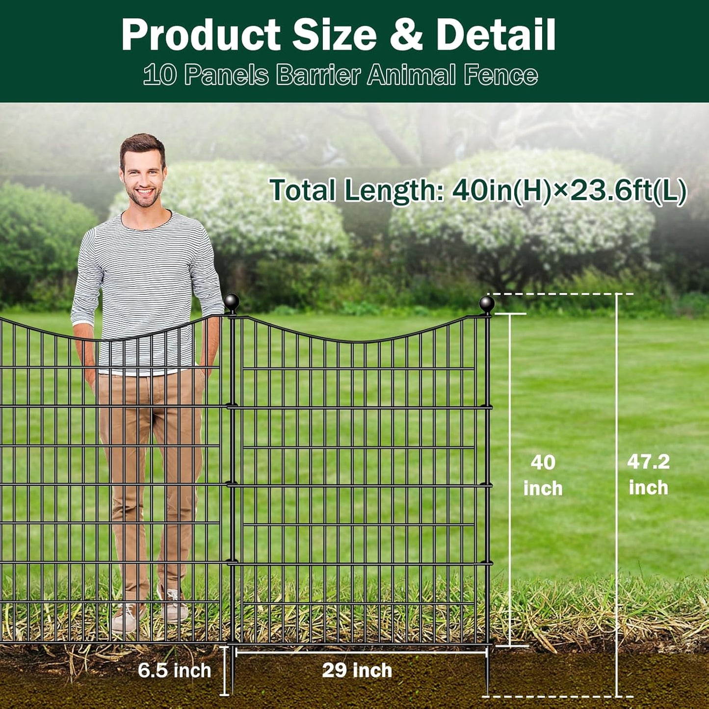 10 Panels No Dig Dog Fence Outdoor for Yard, 40 in(H) X 23.6 ft(L) Decorative Tall Garden Fence Animal Barrier, Rustproof Metal Wire Garden Edging and Borders, Temporary Fencing Stakes