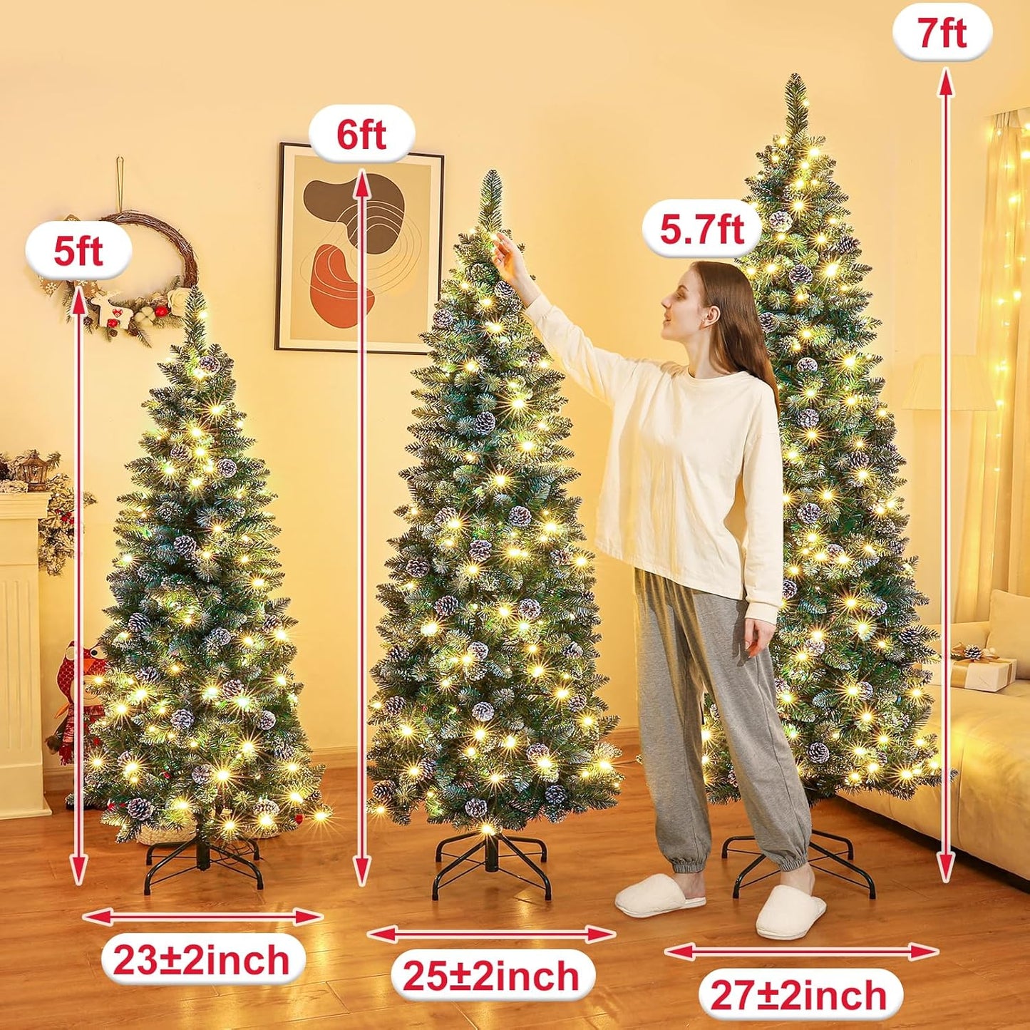 Homde Pencil Christmas Tree 6 Foot Pre-Lit Artificial Christmas Tree with Flocked Snow Pine Cone 160 Warm White Lights Holiday Decor