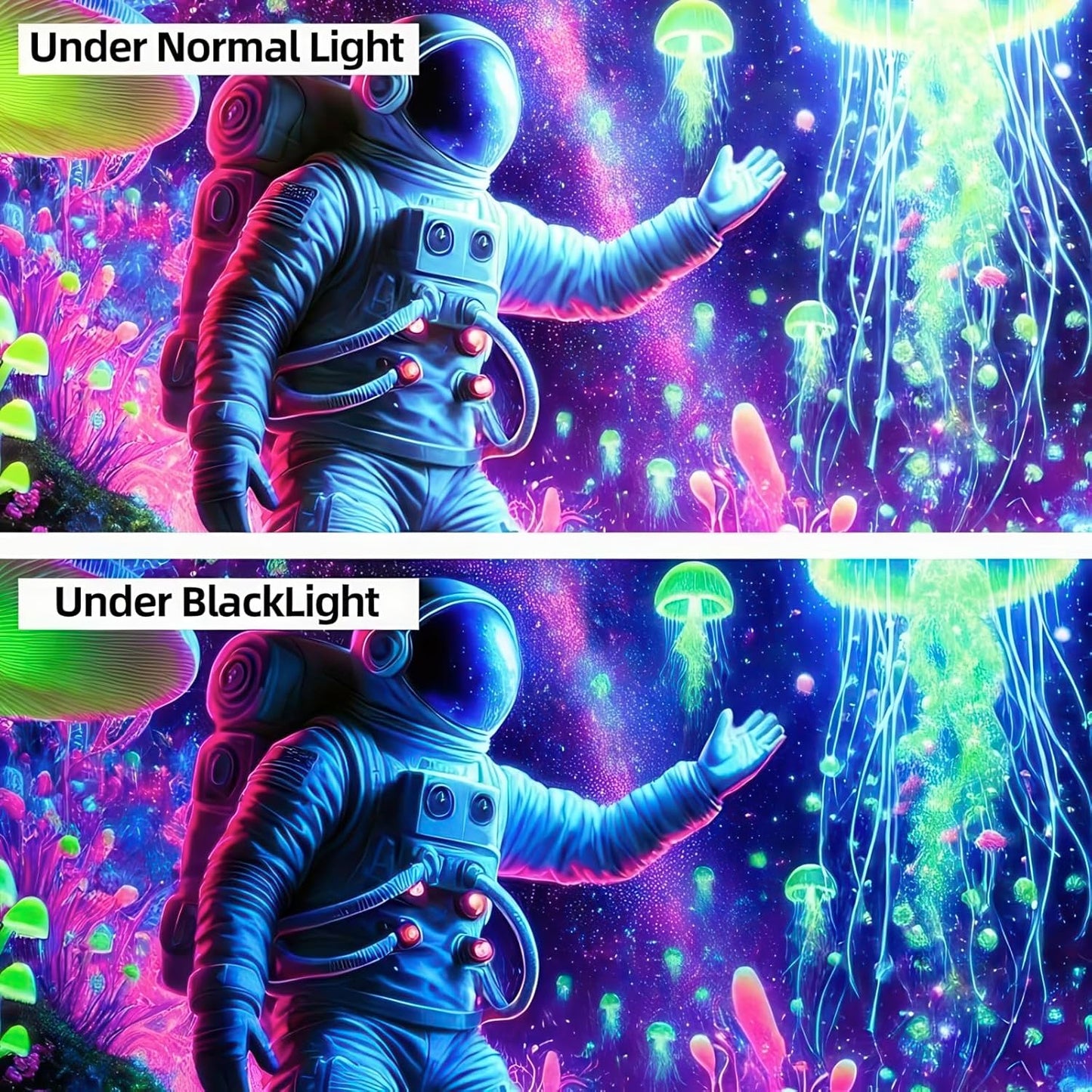 BlissYard Blacklight Astronaut Jellyfish Tapestry Trippy Mushroom Tapestry UV Reactive 59X78 inch Fantasy Plants Wall Tapestry Psychedelic Neon Galaxy Space Tapestry Wall Hanging for Room Boys Poster