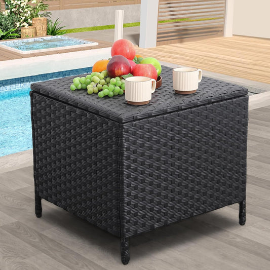 Outdoor Wicker Storage Side Table, Patio Black PE Rattan End Table with Storage, Square Container for Furniture Covers, Toys, and Gardening Tools