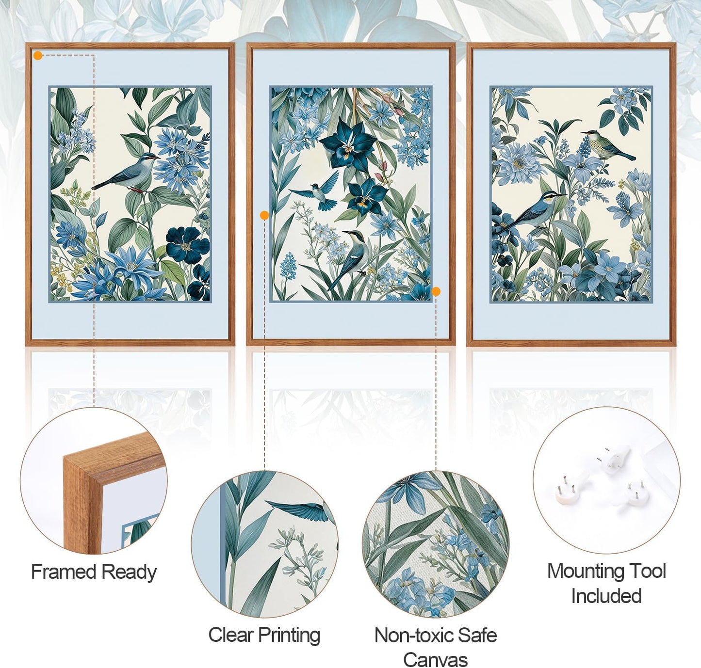 Aurlan Vintage Blue Birds and Botanical Framed Wall Art(16"x24"), 3PCS Classic Chinoiserie Audubon Bird Canvas Artwork, Large Abstract Watercolor Flowers Floral Home Decor for Bedroom Living Room