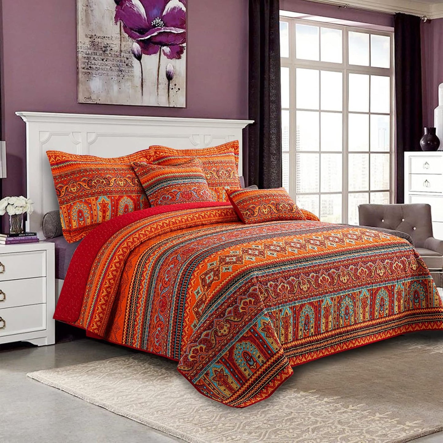 VAPUTAR Cotton Quilt King Size Bedding Set - 3 Pieces King Quilt Bedding Set, Boho King Size Quilts, Lightweight Reversible Coverlets Bedspreads for Farmhouse Bedroom (Red/Orange)