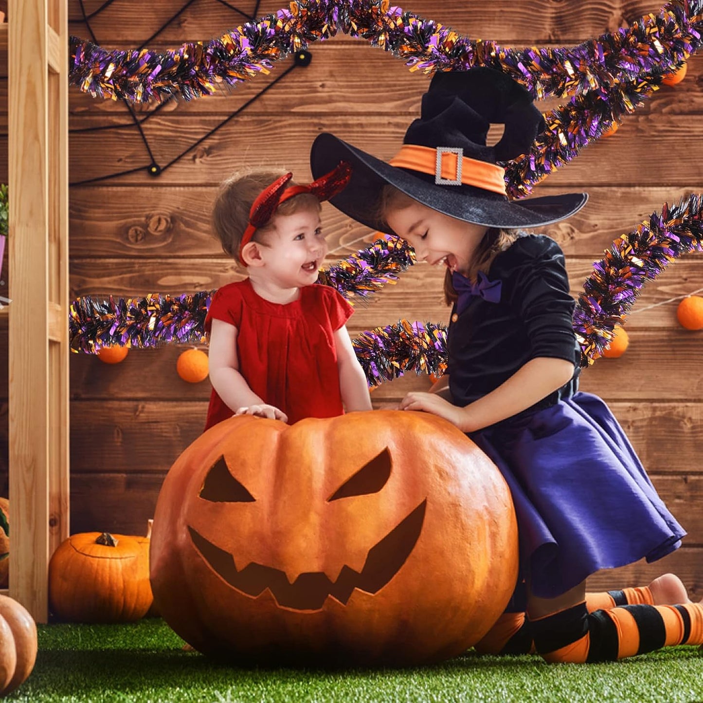 SAOROPEB 4 Pieces 26.4 Ft Halloween Tinsel Garland Metallic Shiny Twist Garland Hanging Decorations for Halloween Party Indoor and Outdoor Decor - Black Orange and Purple