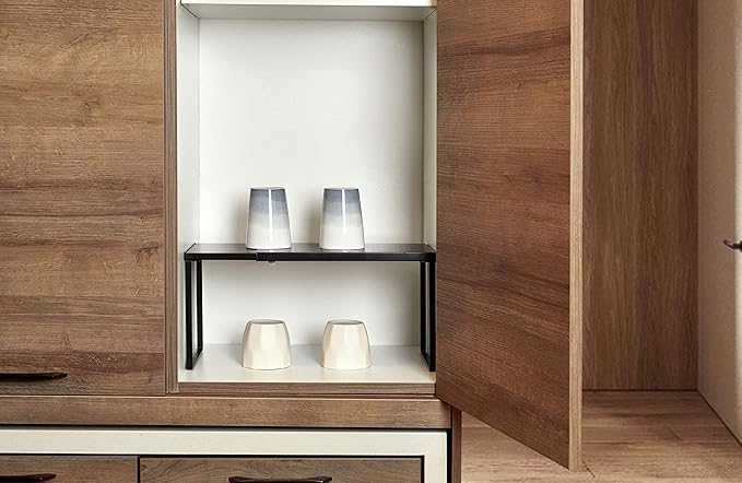 Nxconsu Cabinet Shelf Expandable Organizer Riser Rack for Kitchen Pantry Cupboard Under Sink Countertop Home Organization Extra Storage Space Saver Heavy Duty Metal Edgeless Design Black