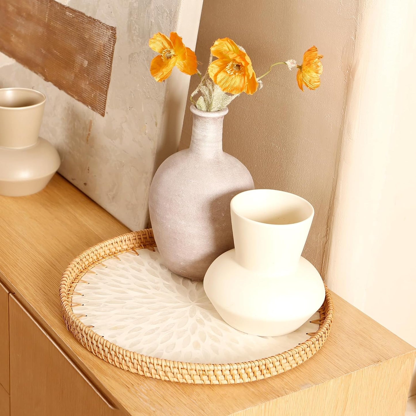 Round Rattan Tray with Mother of Pearl Inlay & Wooden Base - Decorative Wicker Serving Tray for Coffee/Bread/Fruits, Food Storage & Display - Multipurpose Home Decor (M,White Leaves)