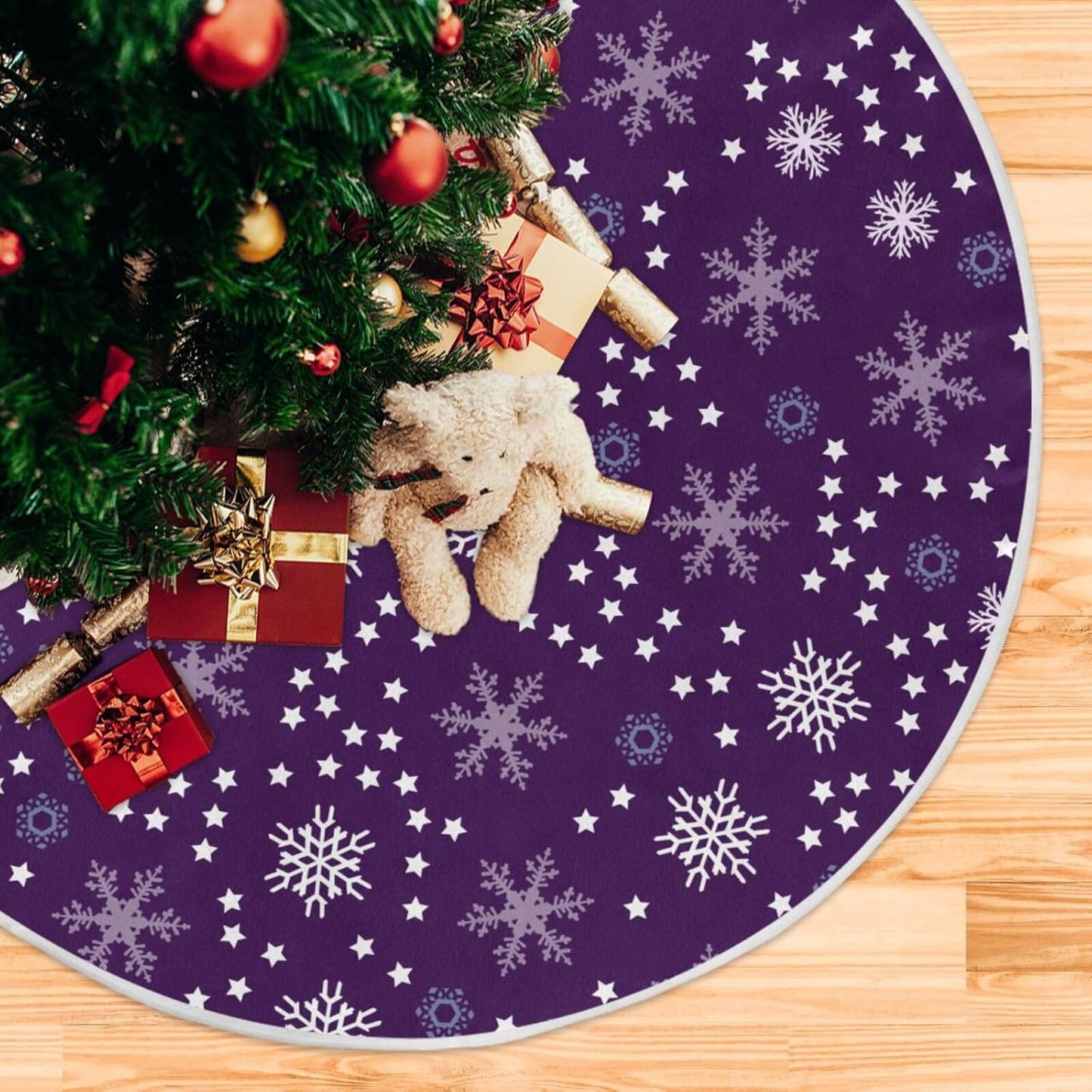 Christmas Purple Snowflakes Tree Skirt, Seasonal Tree Mat Holiday Party Supplies Ornaments Indoor Outdoor Decorations for Tabletop Trees 47.2 Inches