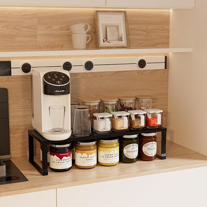 Expandable Spice Rack,Stackable Storage for Cabinet, Multi-Functional Kitchen Shelving,Height-Adjustable,Sustainable Organizer Solution(2Packs/Black/Medium)