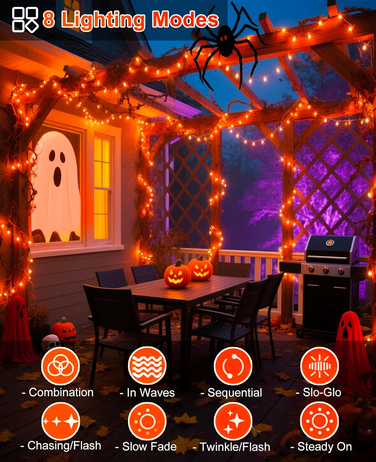 Halloween Lights Outdoor 40FT 120 LED, Green Wire String Lights for Outside Waterproof, 8 Modes Connectable Twinkle Tree Light for Indoor Bedroom Yard Party Holiday Decorations, Orange