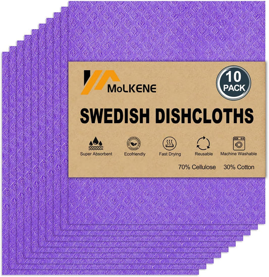 Swedish Dishcloths - 10 Pack Reusable Kitchen Dishcloths - Ultra Absorbent Dish Towels for Washing Dishes - Cellulose Sponge Cloth Cleaning Cloths - Purple