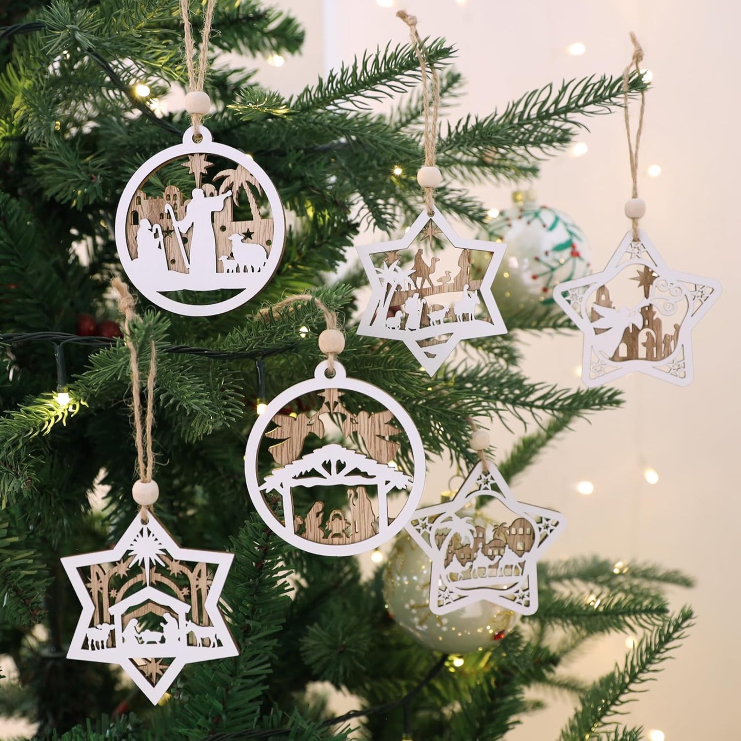 18Pcs Nativity Christmas Tree Ornaments Set, Wooden Nativity Scene Ornament, Religious Gift for Christian Family Christmas Decoration