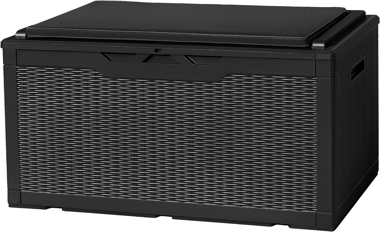 Flamaker Deck Box with Cushion 100 Gallon Waterproof Resin Storage Box with Air Rod Indoor Outdoor Lockable Storage Bench for Patio Furniture, Tools, Pool Accessories (Black)
