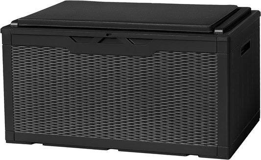 Flamaker Deck Box with Cushion 100 Gallon Waterproof Resin Storage Box with Air Rod Indoor Outdoor Lockable Storage Bench for Patio Furniture, Tools, Pool Accessories (Black)