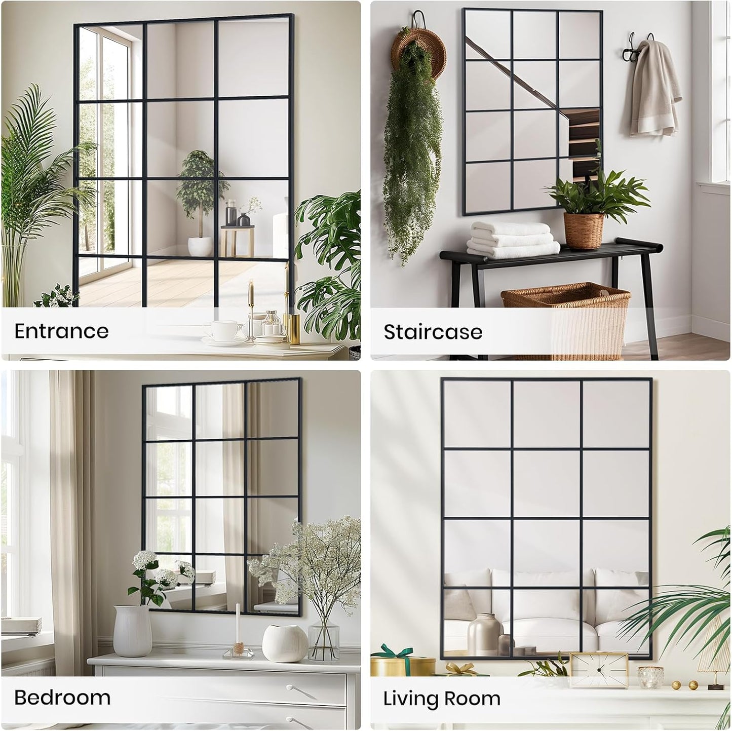 Windowpane Wall Mirror 24"x36" Black Wall Mounted Art Pane Mirror Farmhouse Decorative Mirror Leaning Hanging Wall Mirror for Bedroom Living Room Entrance Hallway Wall Decor