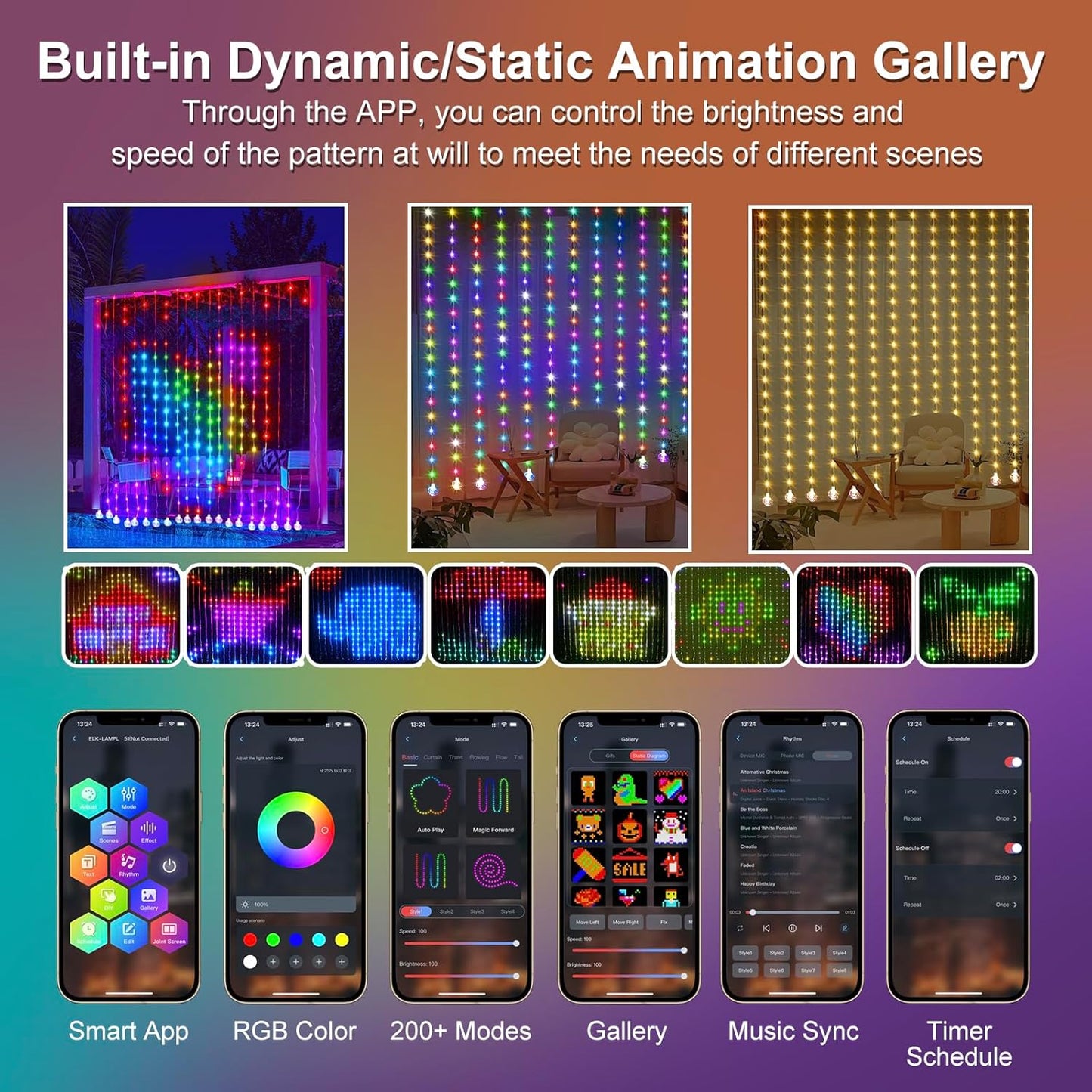 Animated Decorations Outdoor Indoor Smart Curtain String Lights Remote APP Control 3.3 x 3.3Ft 400LED RGB Color Changing Waterproof DIY Hanging Window Backdrop Fairy Light Programmable Music Sync