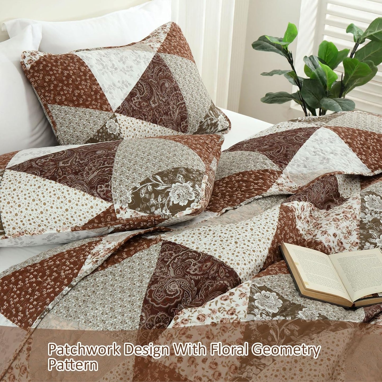 Dobuyly Fall King Size Bedspread, Brown Floral Triangle Patchwork King Size Quilt Fall Bedding Set, Soft Lightweight Microfiber Coverlet Set (1 Quilt, 2 Pillow Shams)