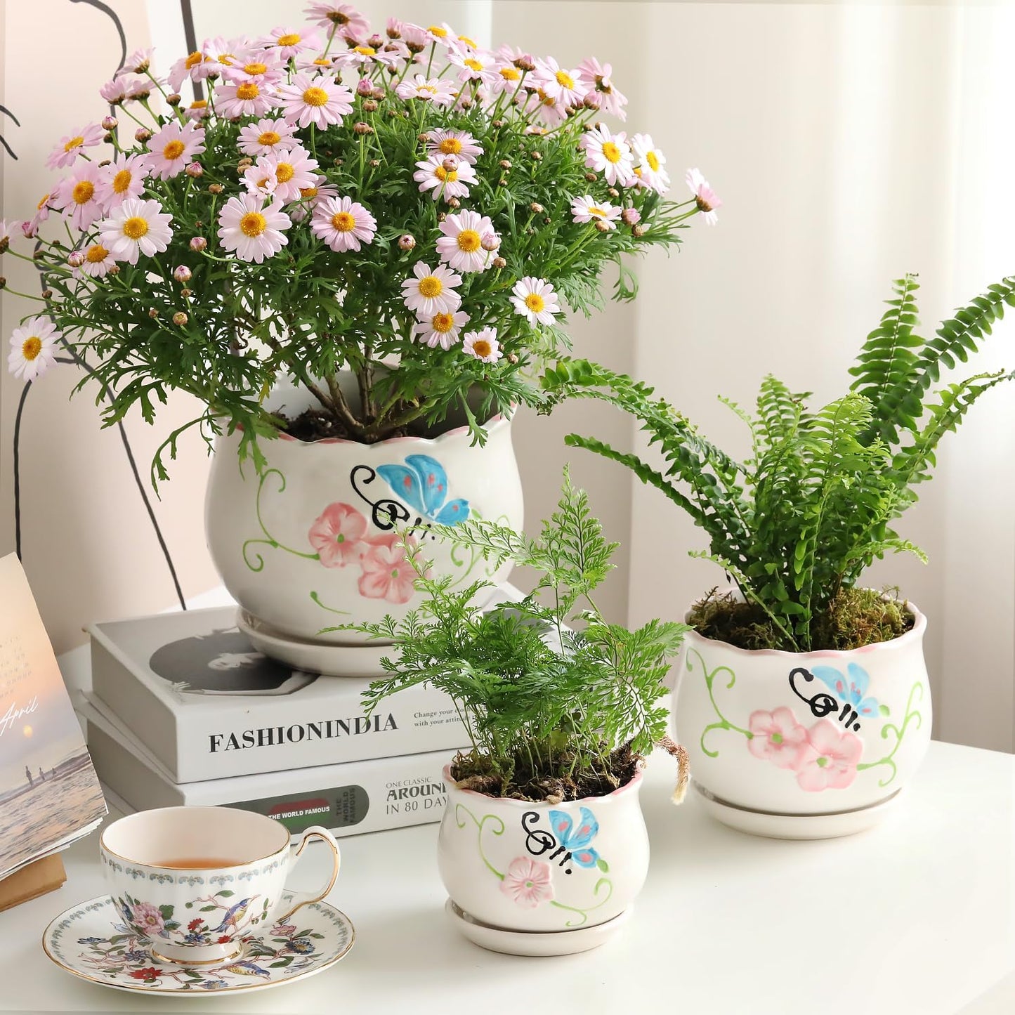 Ceramic Plant Pots with Drainage Holes and Saucers, Round Flower Pots for Indoor Plant, 3.9/5.2/6.7 Inches Flower Large Planters Set of 3