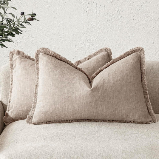 Foindtower Set of 2 Decorative Linen Fringe Lumbar Throw Pillow Covers Farmhouse Cushion Cover with Tassels Accent Pillowcase for Couch Sofa Bed Living Room Home Decor,12×24 Inch,Natural Linen