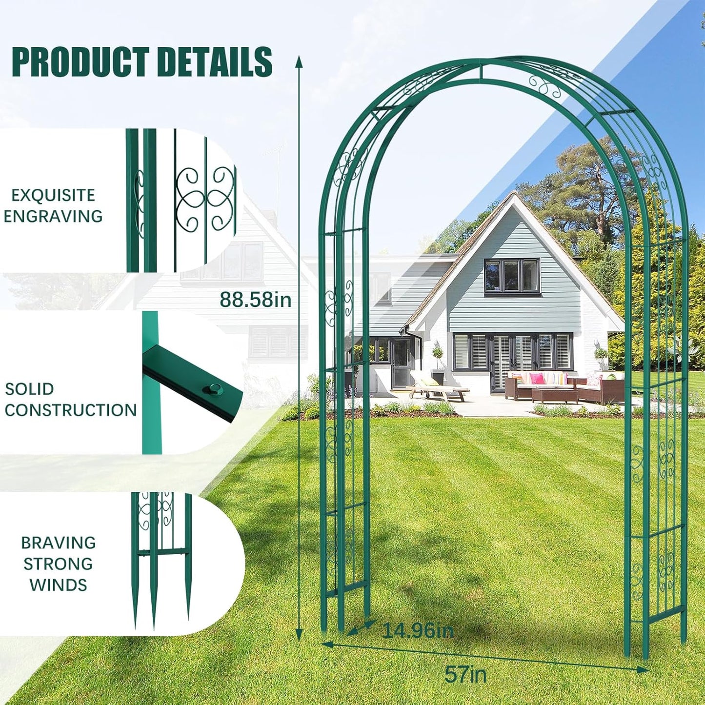 88in Steel Garden Arch Arbor Trellis for Climbing Plants Outdoor,Yard,Wide Sturdy Durable Garden Arch for Lawn,7.3ft Climbing Plants Decorative Wire Lattice,Outdoor Wedding Arch(Green)