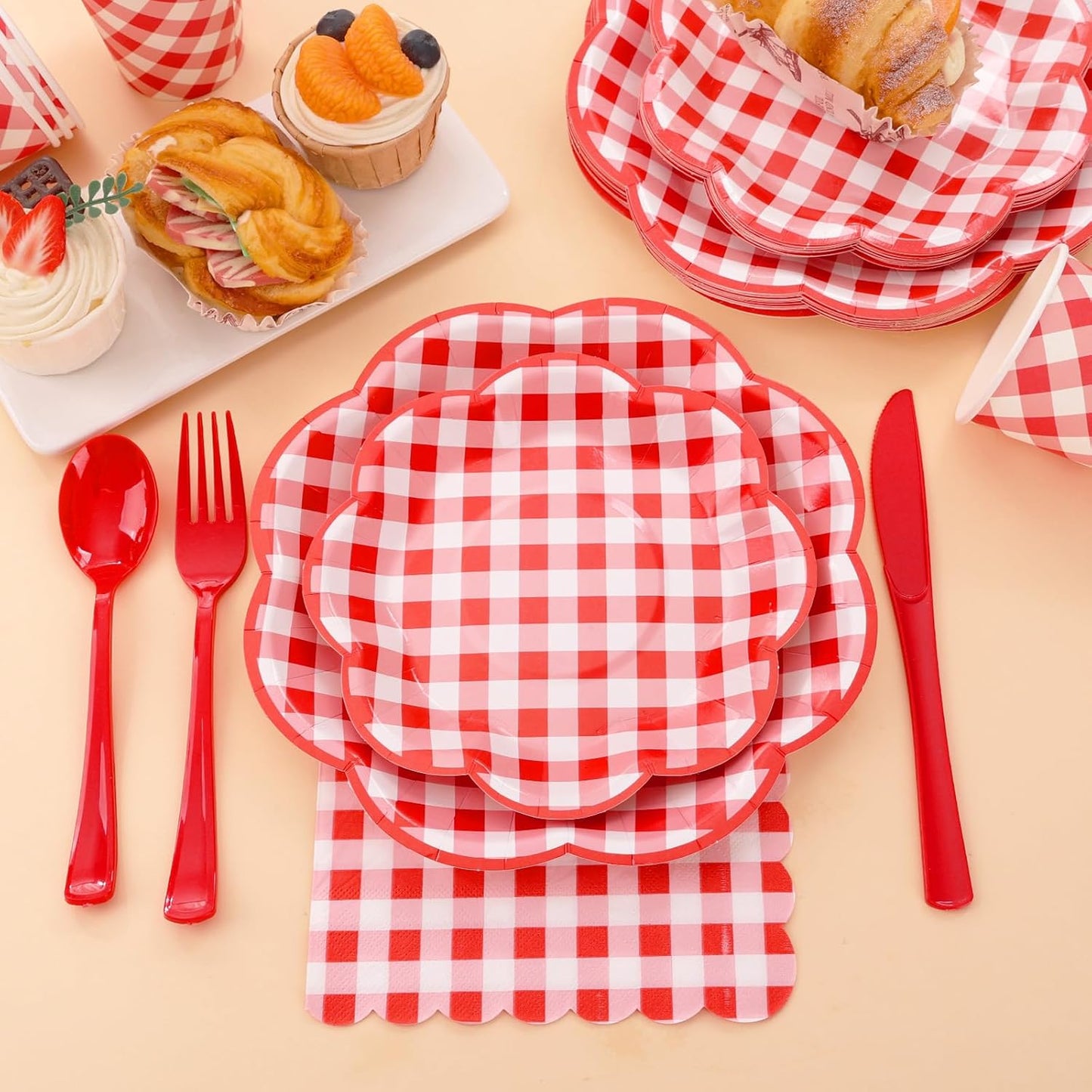 350 Pcs Red Gingham Plates and Napkins Party Supplies - Red and White Checkered Plates Sets Serve 50 Guests - Scalloped Gingham Paper Plate for Birthday Picnic Wedding Christmas Party Decorations