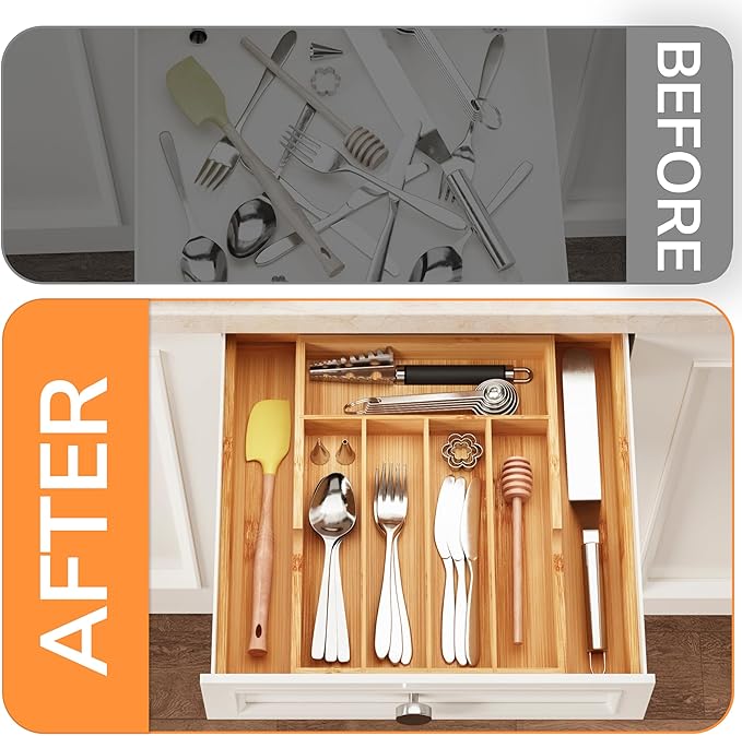 BAMEOS Bamboo Expandable Drawer Organizer, 5-7 Slots Kitchen Drawer Organizer, Adjustable Cutlery Tray for Utensils, Silverware & Flatware (Natural)
