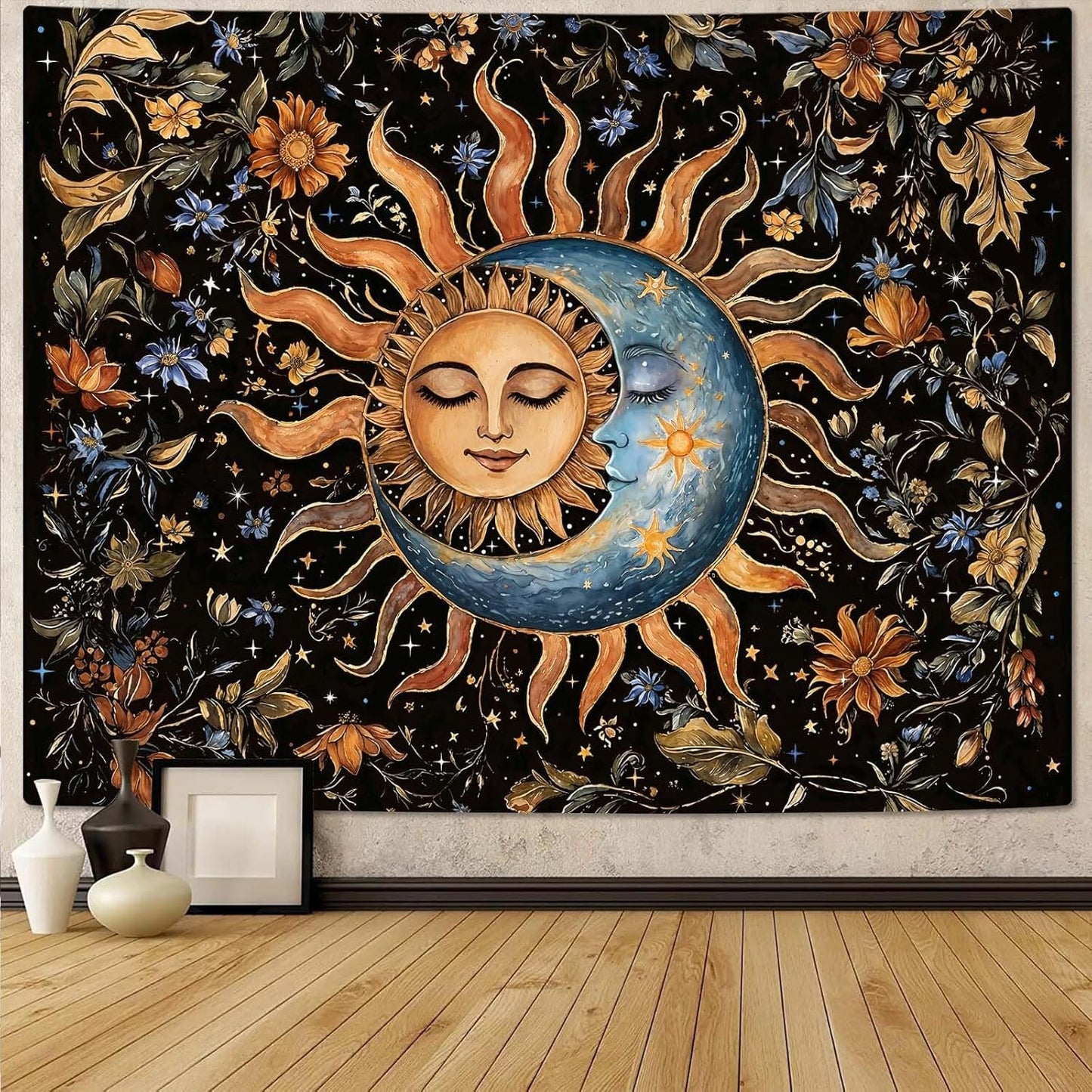 Aipon Sun and Moon Tapestry for Bedroom Boho Vintage Floral Hippie Wall Tapestry Aesthetic Retro Flower Plant Large Tapestries Wall Hanging for Living Room Dorm Decor 90 x 68 Inch