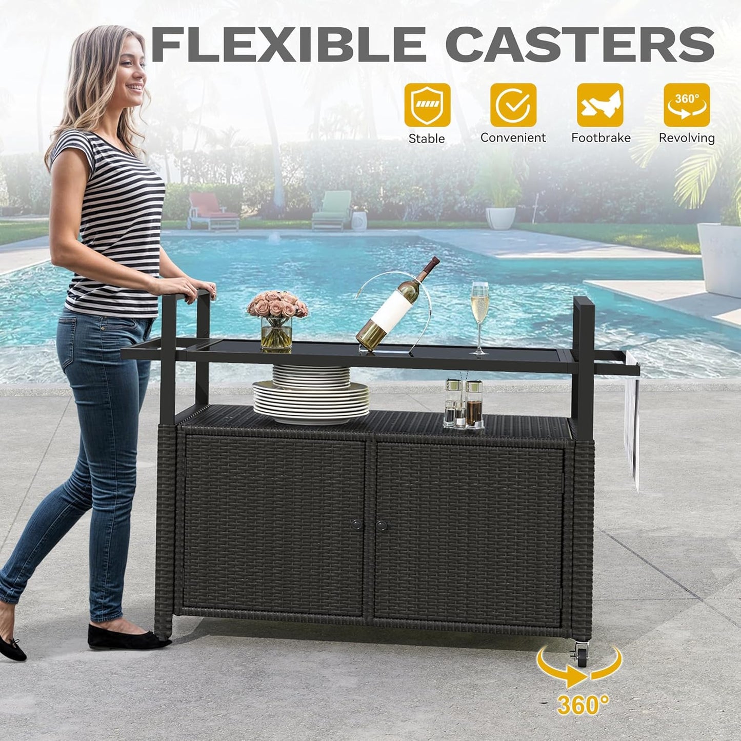 DWVO Patio Bar Table,Outdoor Kitchen Island with Glass Top,Rattan Patio Storage Cabinet with Wheels,Bar Cart for Poolside and Backyard,Black