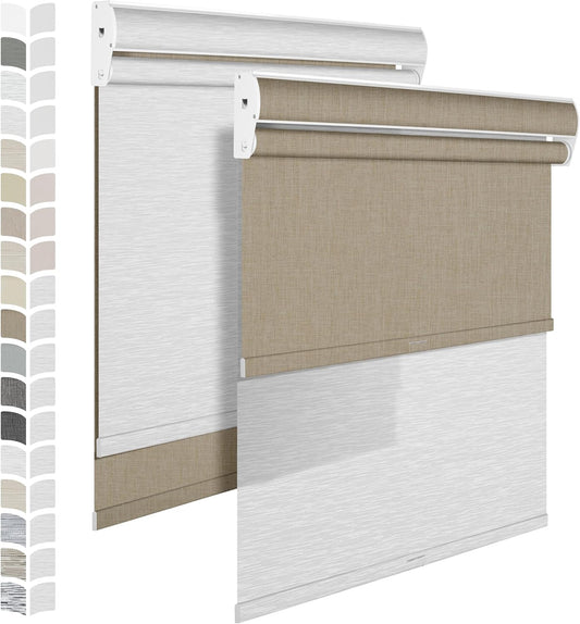 BERISSA Cordless Dual Roller Shades With Cassette Valance, Double Window Blackout and Light Filtering, Day and Night for Home Office - Brown Linen & White, Custom Sizes