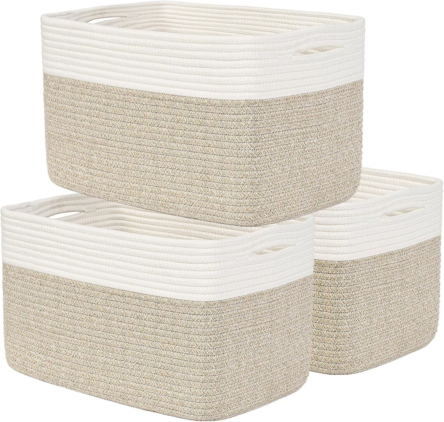 Shelf Baskets for Organizing, Woven Storage Basket for Shelves, Cotton Rope Storage Bins for Toys Books, Nursery Towel Baskets for Classroom, 14.96"X9.8"X8.85", 3-Pack White/Brown