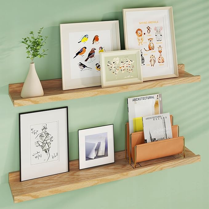 Floating Picture Ledge Shelves 36 Inch Solid Oak Wood Set of 2, Rustic Wall Storage Shelves with Lip, Kids Bookshelf, Photo & Picture Ledge Shelves for Bedroom, Living Room, Kitchen