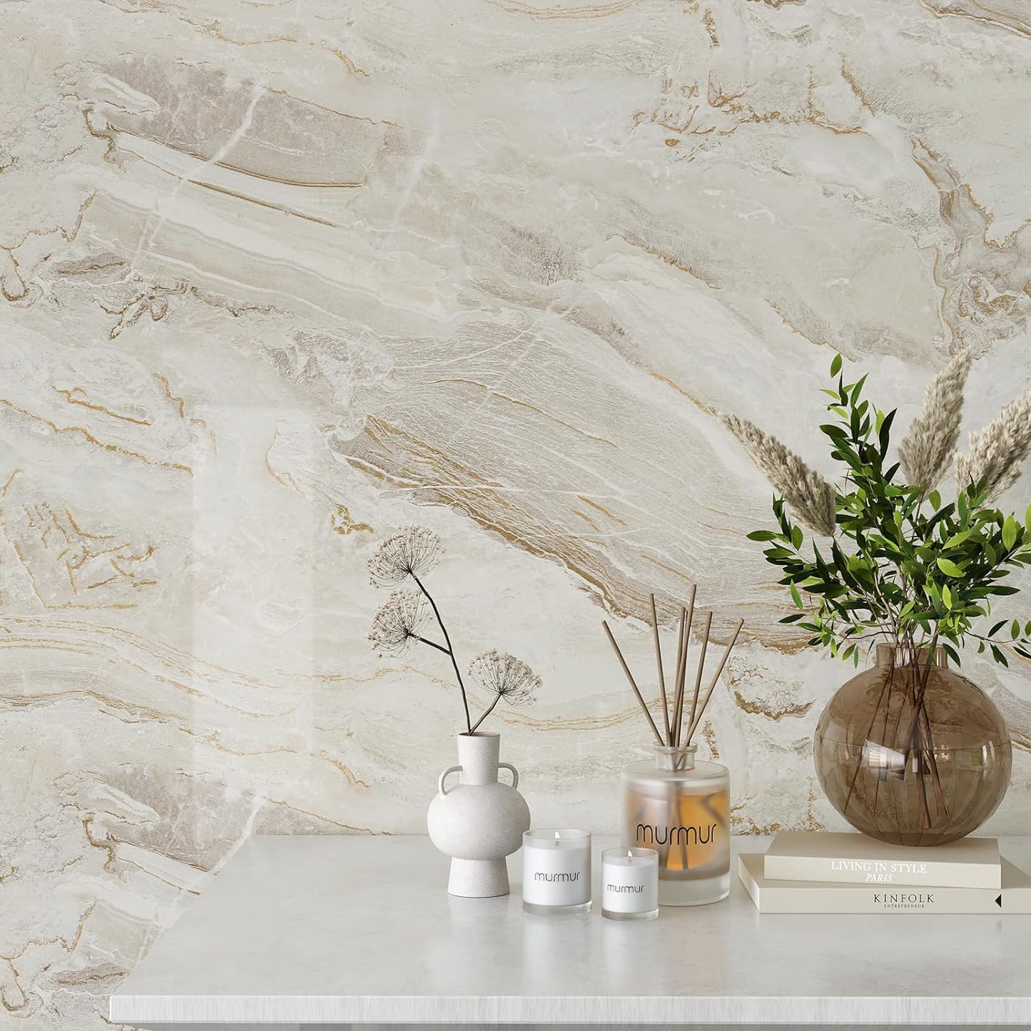VEELIKE Glossy Beige Gold Marble Contact Paper for Countertops 24''x118'' Wide Peel and Stick Countertops Waterproof Thick Marble Wallpaper Self Adhesive Vinyl Counter Top Wraps for Kitchen Bathroom