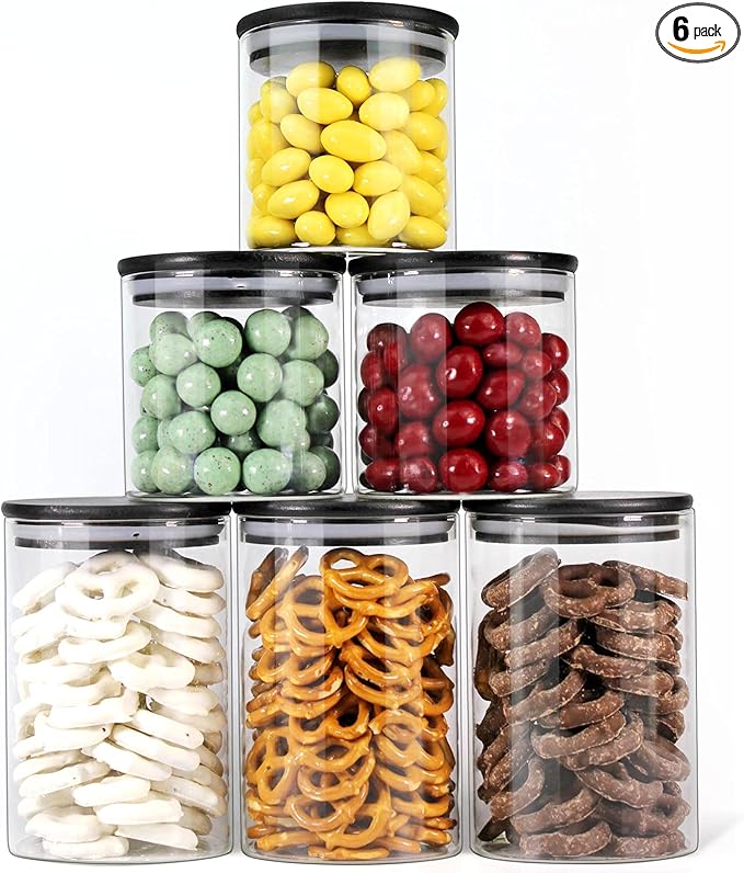 Urban Green Glass Jars with Black Bamboo Lids, Food Storage Containers with Airtight Black Lids, Glass Kitchen Canisters Sets (3 pack of 20oz + 3 pack of 30oz)