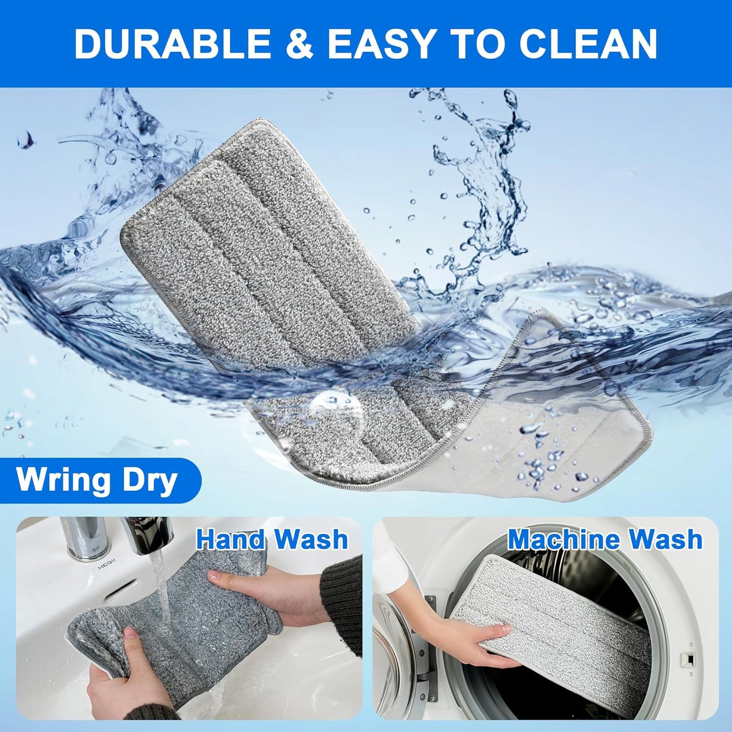 JOYMOOP Mop Replacement Pads, Reusable Microfiber Mop Pads for 13-inch Flat Mop and Mop Bucket Set, Pack of 2 Refills - Grey and Stripe