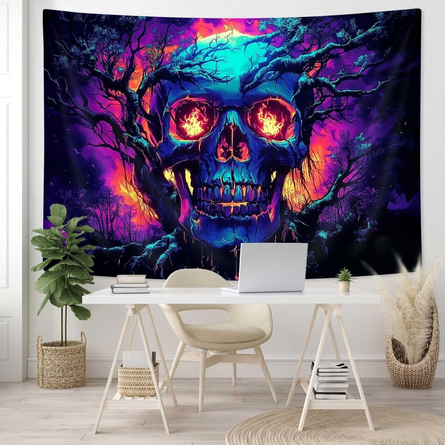 Xiaoput Blacklight Fire Skull Tapestry for Bedroom, Trippy UV Reactive Burning Skeleton Forest Wall Hanging Tapestries, Scary Dark Horror Glow in the Dark Tapestries for Living Room Home Dorm 60X51IN