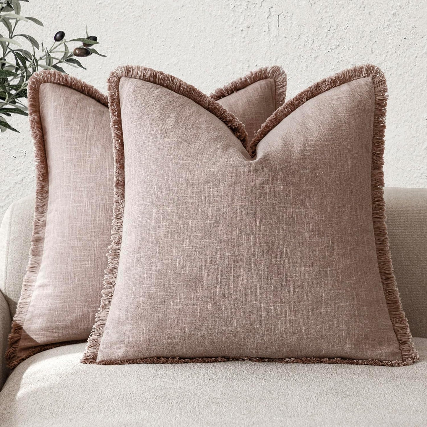 Foindtower Set of 2 Decorative Linen Fringe Throw Pillow Covers Boho Farmhouse Cushion Cover with Tassels Soft Accent Pillowcase for Couch Sofa Bed Living Room Home Decor,22×22 Inch,Dusty Pink