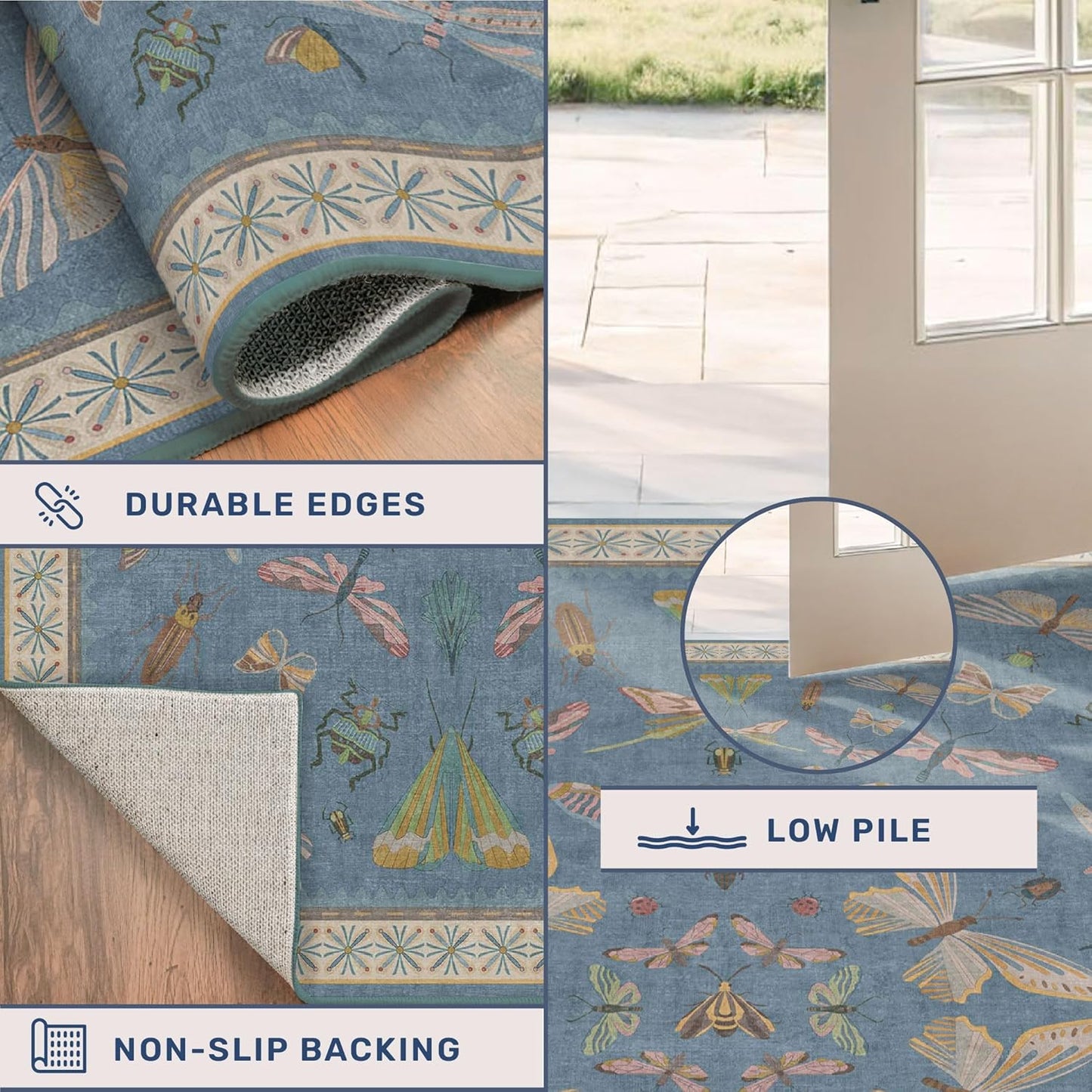 Washable 4x6 Small Rug for Living Room, Area Rug for Kitchen, Bedside, Large Entryway Indoor - Stain Resistant Non Slip with Rubber Backing, Insect Print Aethestic Décor, Light Blue & Aqua