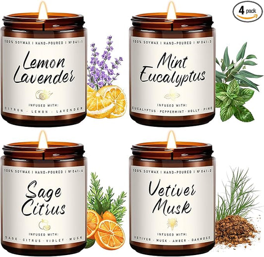 Auelife Scented Candles Set | Scented Candle for Home - 4 Pack Candle Gifts, Soy Candles for Home - Aromatherapy Gift of Mint Eucalyptus/Lemon Lavender/Sage Citrus/Vetiver Musk