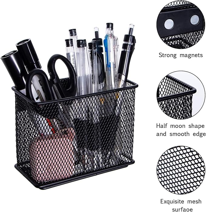 dedoot Magnetic Basket 2 Pack Magnetic Holder Locker Magnetic Pen Holder Magnetic Pencil Holder Strong for Whiteboard Marker, 4.7x2.3x3.7inch Black Mesh Magnetic Pen Holder for Refrigerator Fridge