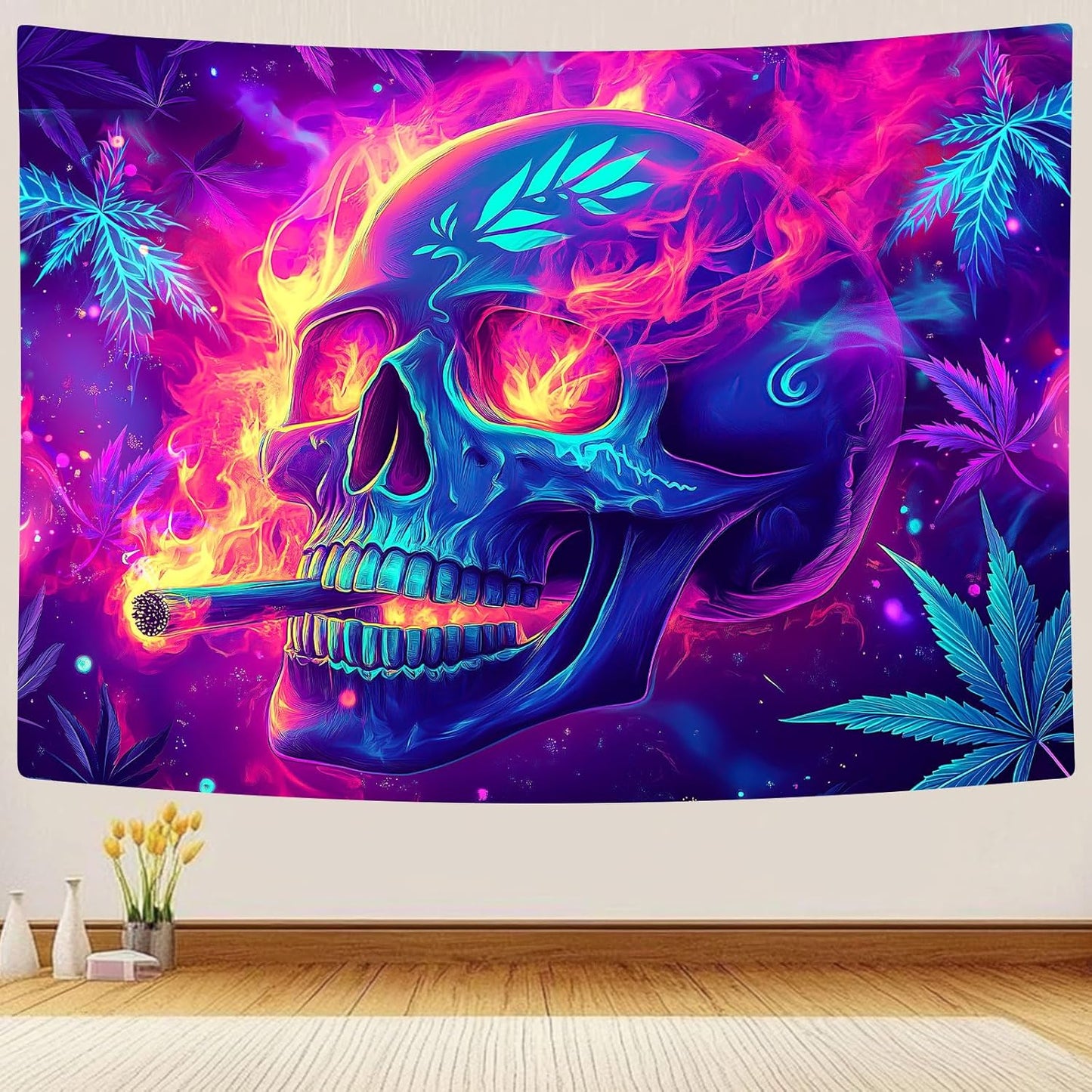 Blacklight Skeleton Tapestry, Glowing Skull UV Reactive Gothic Wall Hanging Tapestries, Glow in the Dark Grim Reaper Magic Horror Face Halloween Poster Tapestry for Bedroom Living Room Decor 90X70IN
