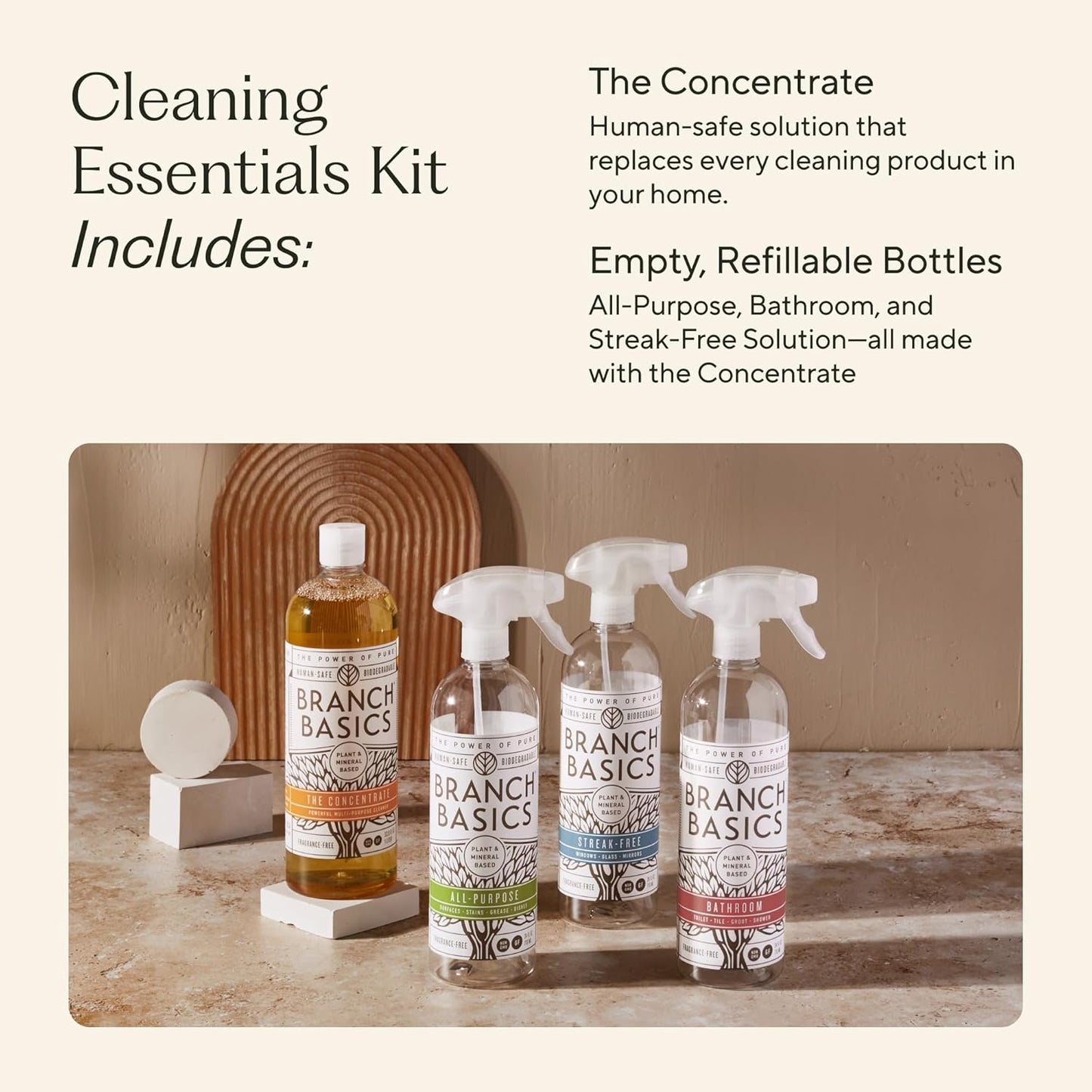 Branch Basics Cleaning Essentials Kit: All Purpose Spray, Glass Cleaner, and Bathroom Cleaner - Concentrate (33.8 Oz) + Plastic Spray Bottles for Cleaning (24 Oz) Non-Toxic, Fragrance-Free
