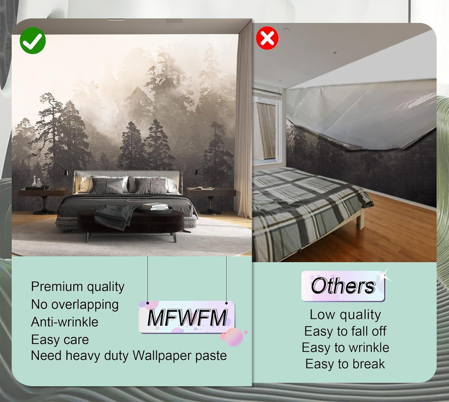 Foggy Forest Woodland Mural Wallpaper for Bedroom Living Room Misty Jungle Rainforest Trees Nature Landscape Wall Mural(Not Peel n' Stick)