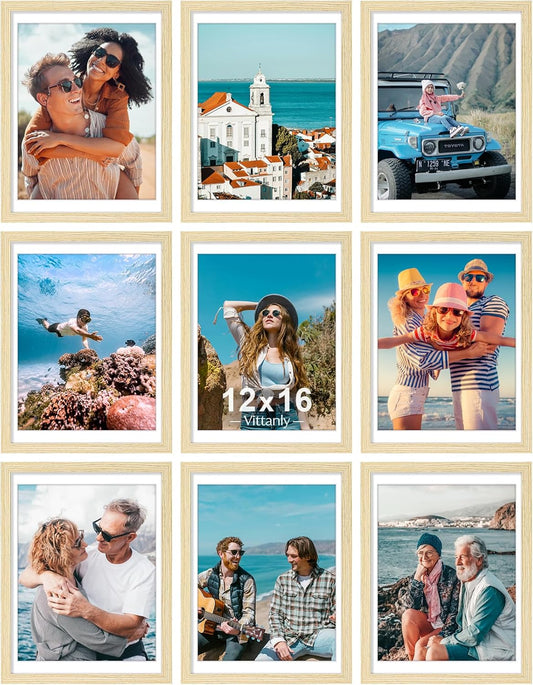 Vittanly 12x16 Picture Frames Set of 9, Shatter Resistant Plexiglass, Display 11x14 Pictures with Mat or 12x16 without Mat, Photo Frames for Wall Mount, Engineered Wood, OAK