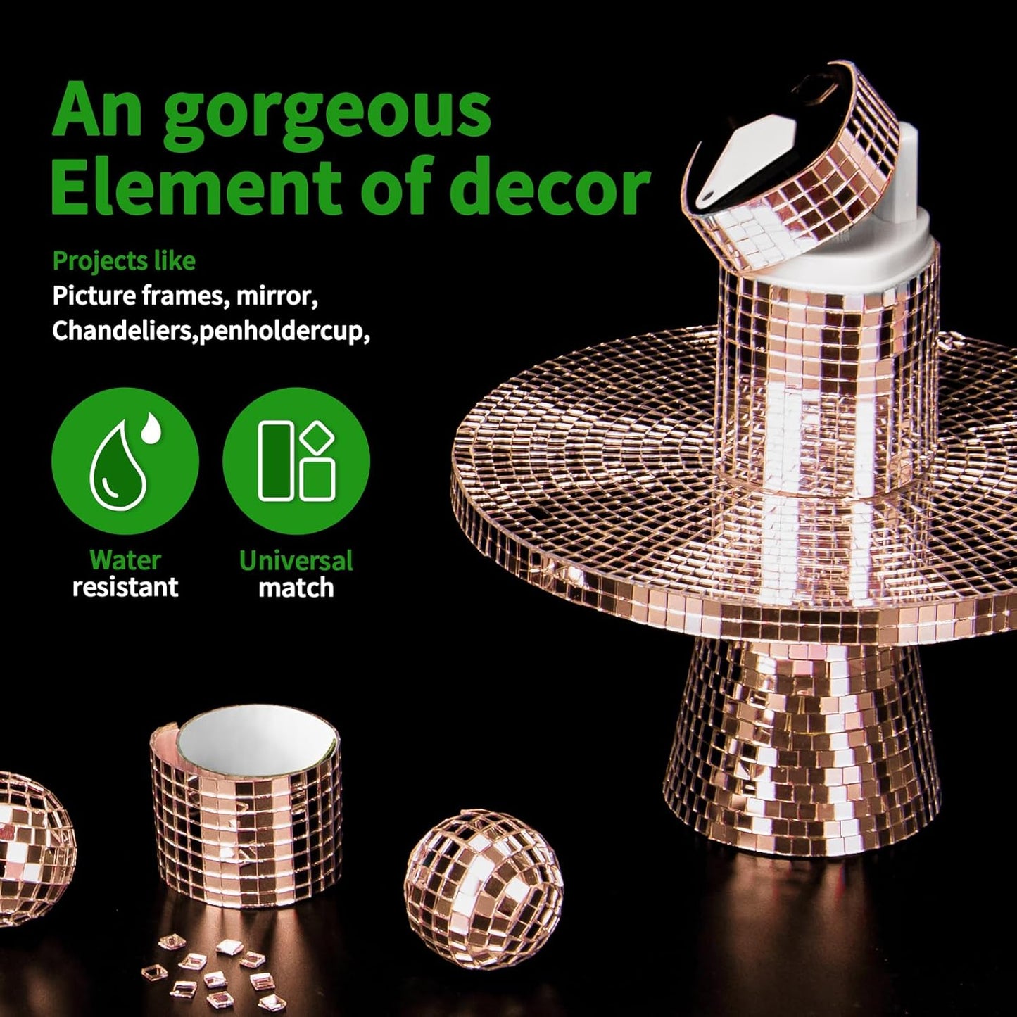 LONGKING 3776 Pieces Self-Adhesive Mirror Tiles, Square Mirror Stickers Mosaic Tiles, Glass DIY Craft Decoration, Disco Ball Tiles(Rose Gold)