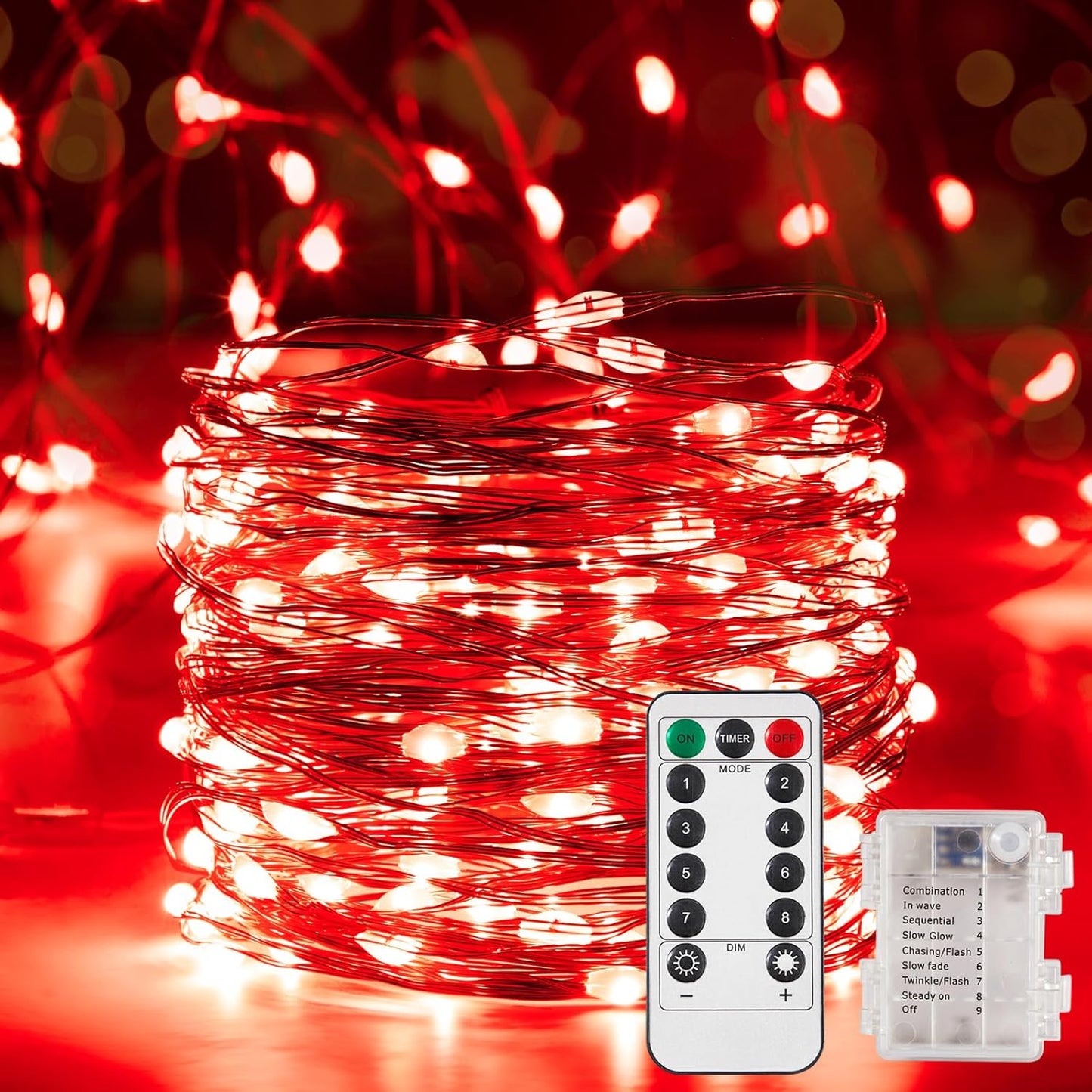 4 Pack 16.4 Ft. Battery Operated Outdoor String Lights with Remote & Timer, LED Red Fairy Lights, Waterproof Twinkle Lights for Bedroom, Dorm, Mason Jar, Wedding, Party, Christmas