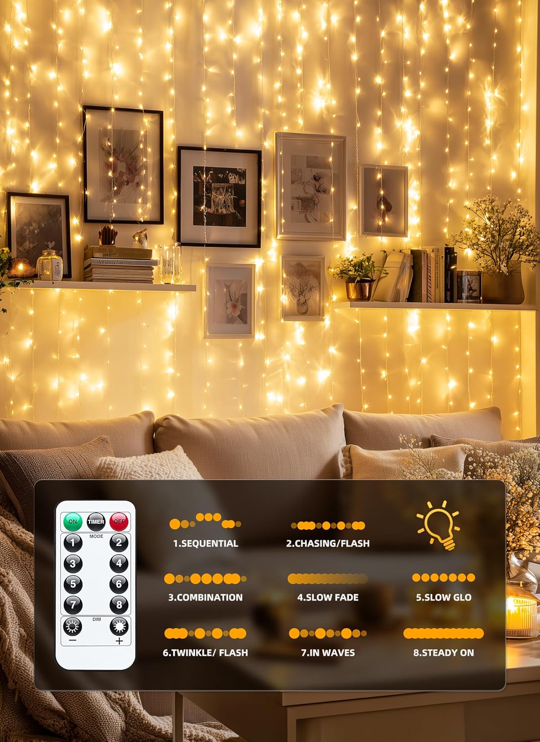 Brightown 2 Pack 300 LED Fairy Curtain Lights, 9.8ft x 9.8ft Warm White Curtain String Lights, USB Plug in 8 Lighting Modes LED Christmas String Hanging Lights with Remote for Bedroom Indoor Outdoor